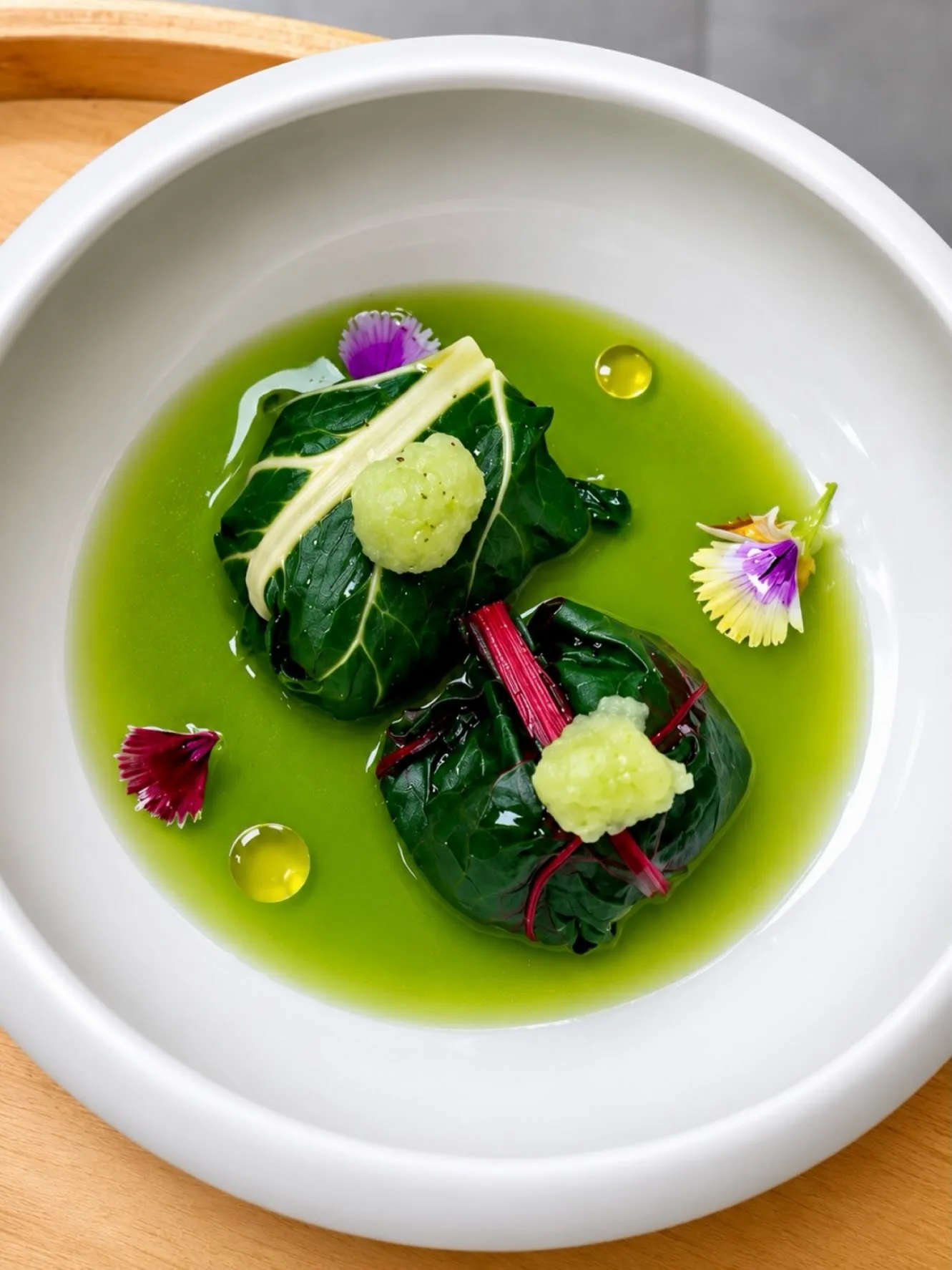 Dumplings de blette dans leur eau de concombre et courgettes, fleurs comestibles