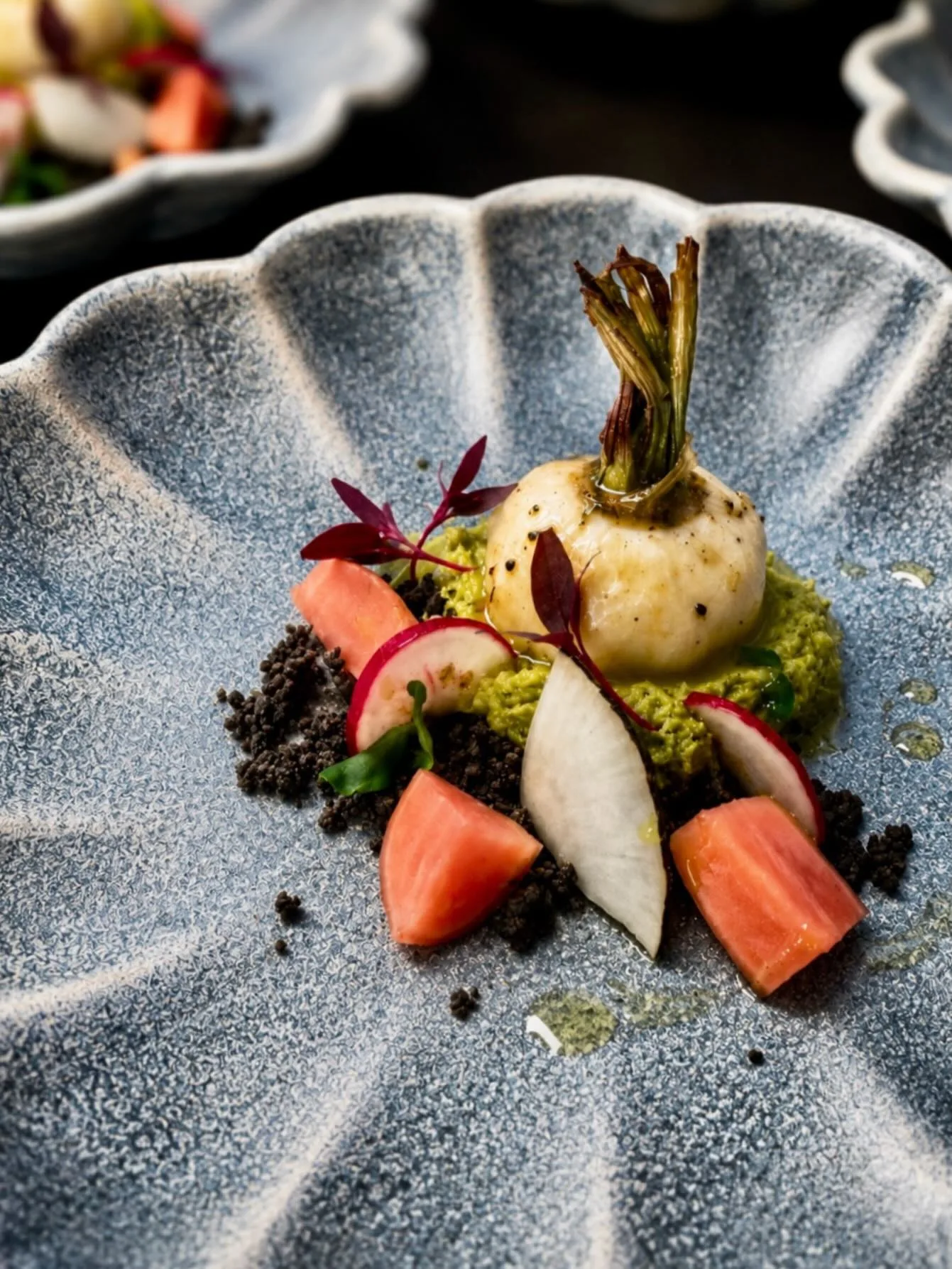 Légumes de printemps du maraîcher : navet glacé, radis, pickles et terreau végétal